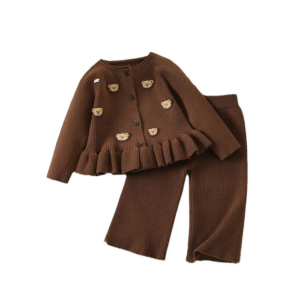 Girl Bear Applique Knit Cardigan & Pants 2-Piece Set