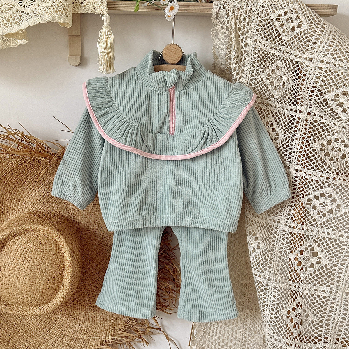 Solid color corduroy suit sweatshirt and pants two-piece set