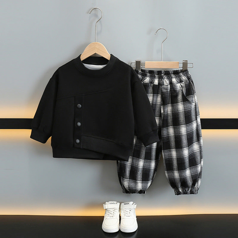 Boy Plaid Pants & Button Detail Sweatshirt Set