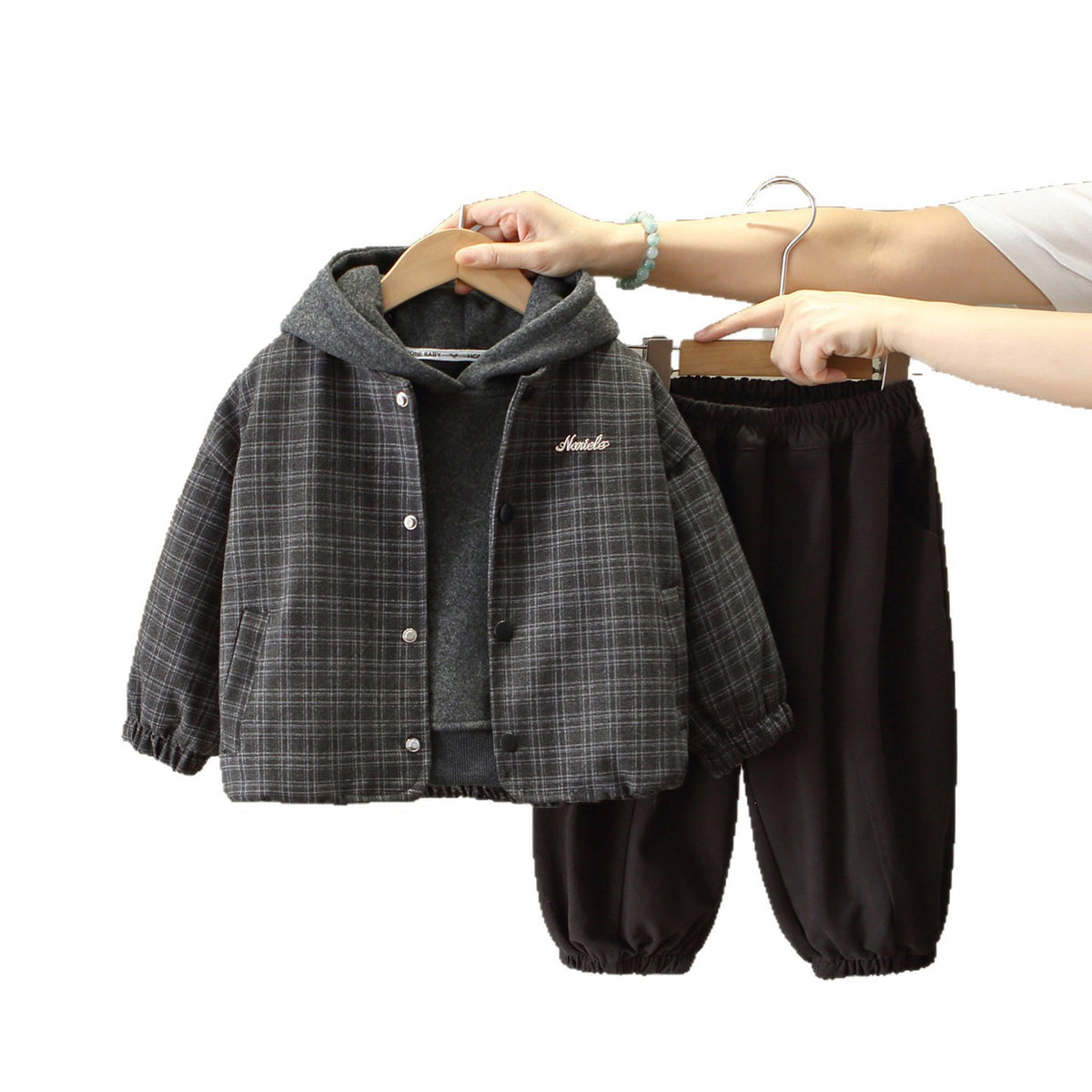 Boy Plaid Hooded Jacket & Elastic Waist Pants Set