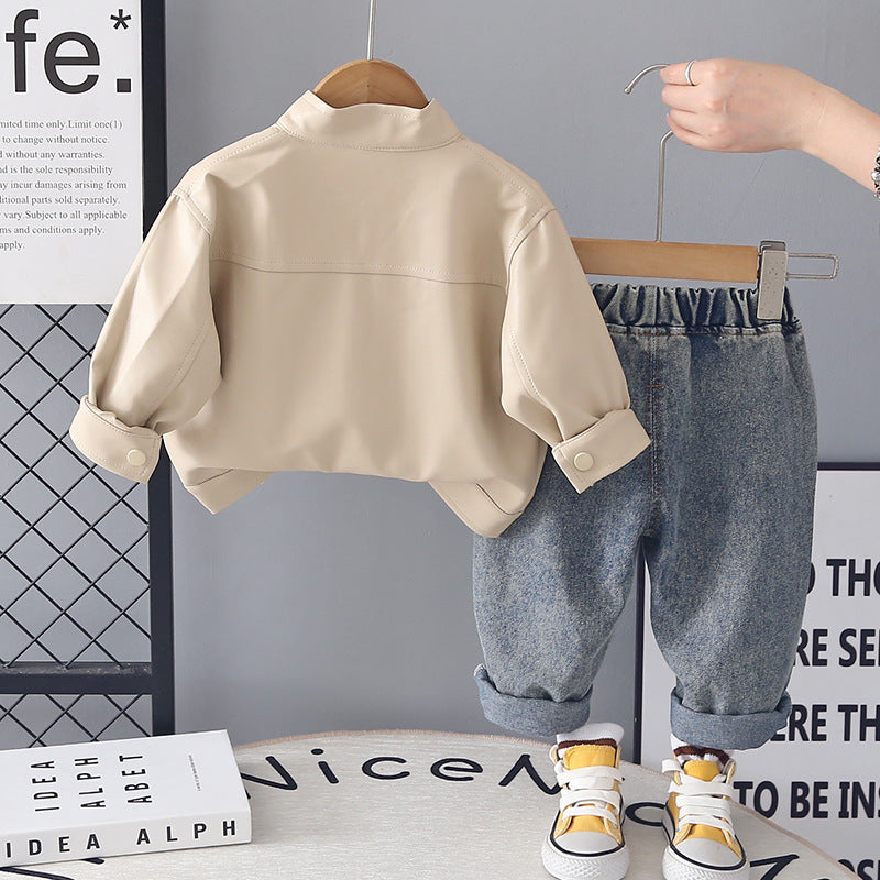 Boy Puppy Embroidered Faux Leather Jacket & Denim Pants Set