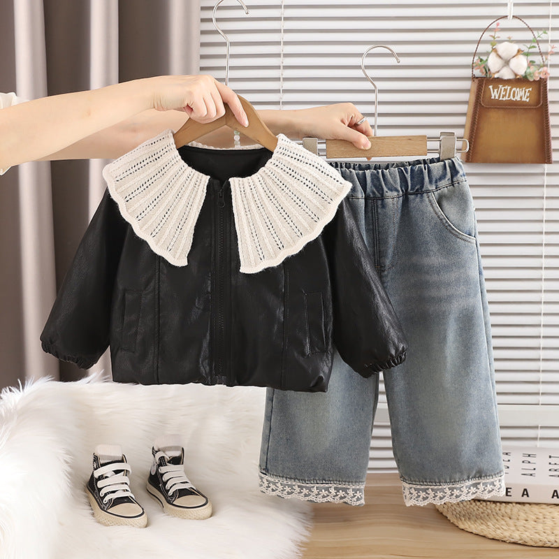 Girl Faux Leather Collar Jacket & Lace Denim Pants 2-Piece Set