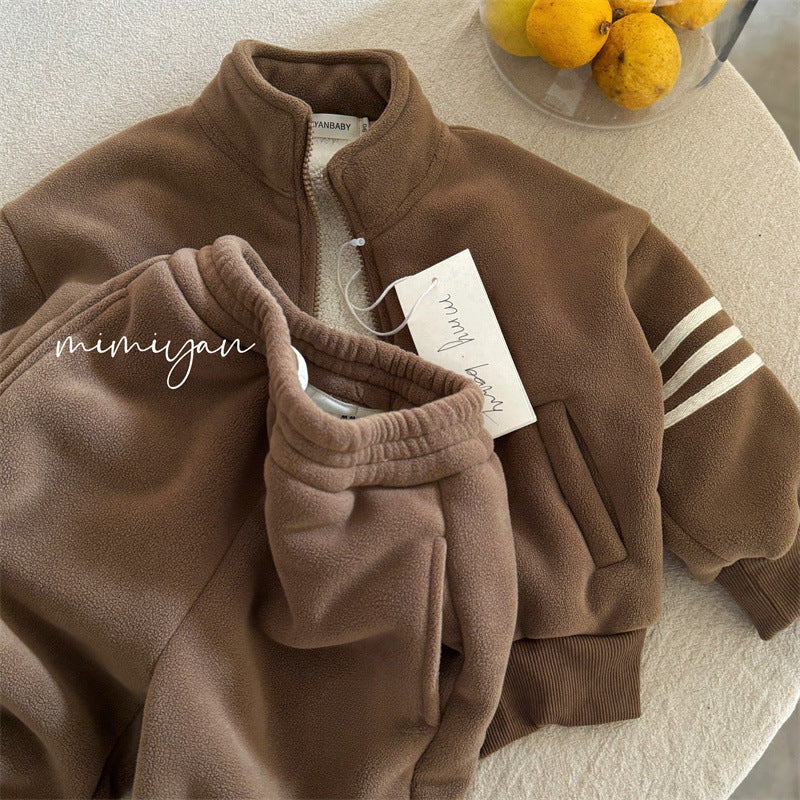 Boy & Girl Striped Sleeve Sherpa Fleece Jacket & Joggers Set