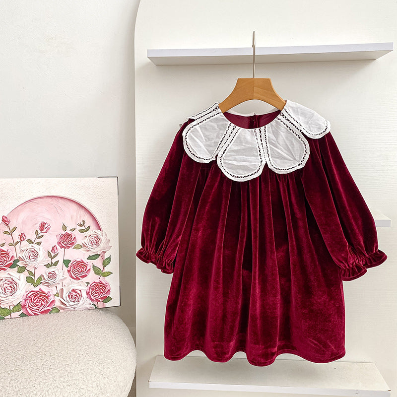 Girls Burgundy Long Sleeve Petal Collar Kids Christmas Dress