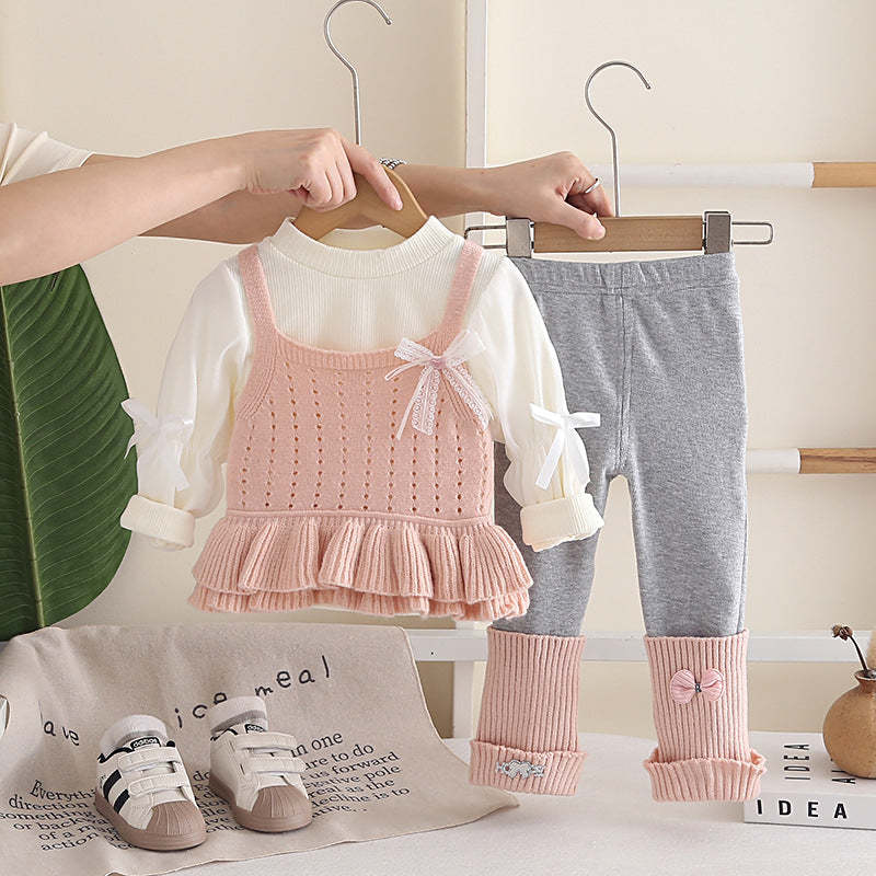 Girls Autumn Spring 3-Piece Set Bow Tie Vest Outfit