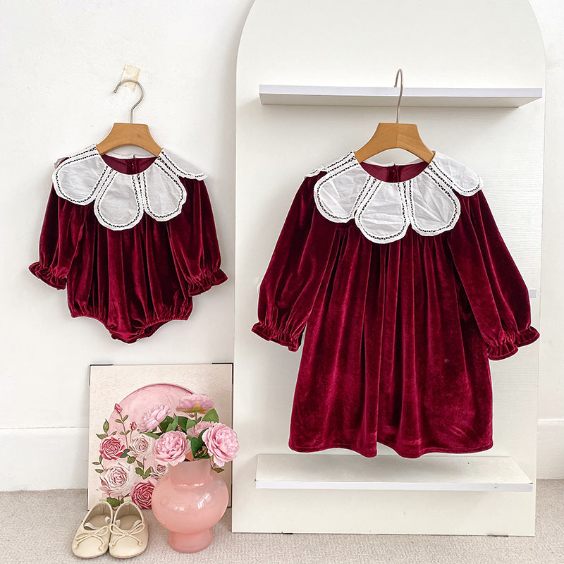 Girls Burgundy Long Sleeve Petal Collar Kids Christmas Dress