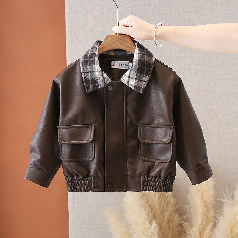 Boy Plaid Collar Faux Leather Jacket
