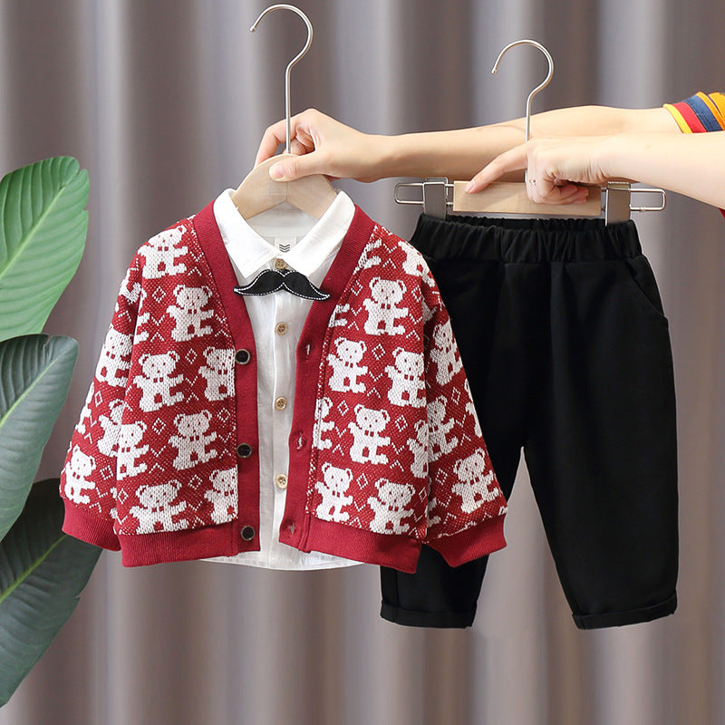 Boy Teddy Bear Pattern Cardigan, Shirt & Pants 3-Piece Set