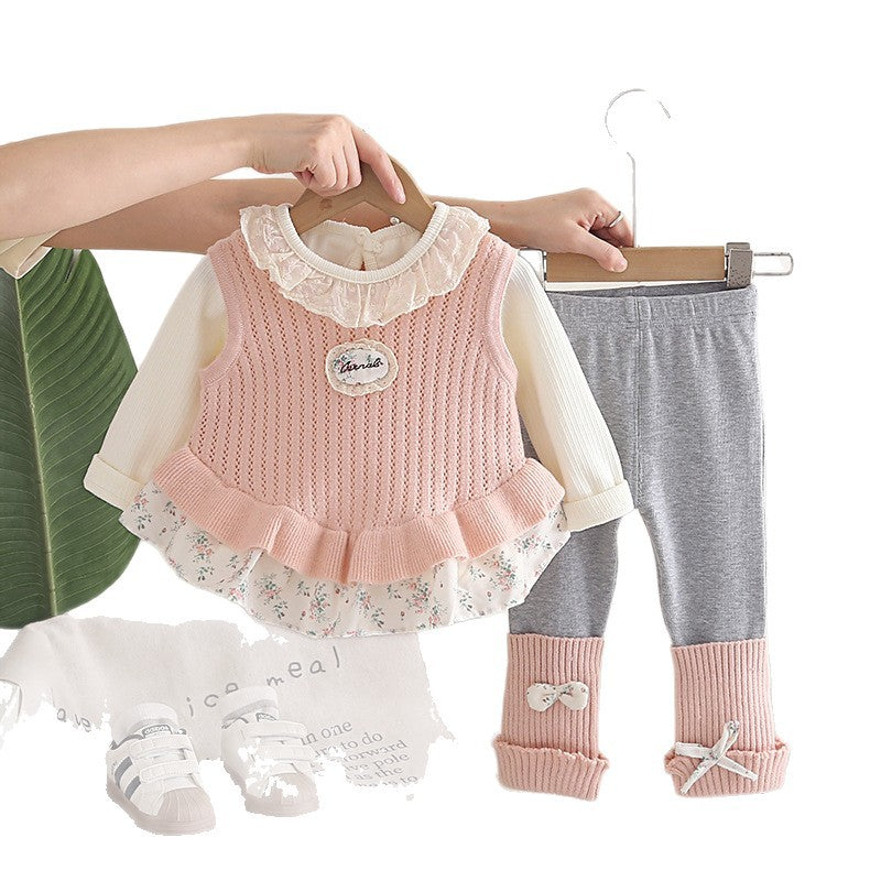 Girls Floral Print Knit Three-Piece Sweater Set