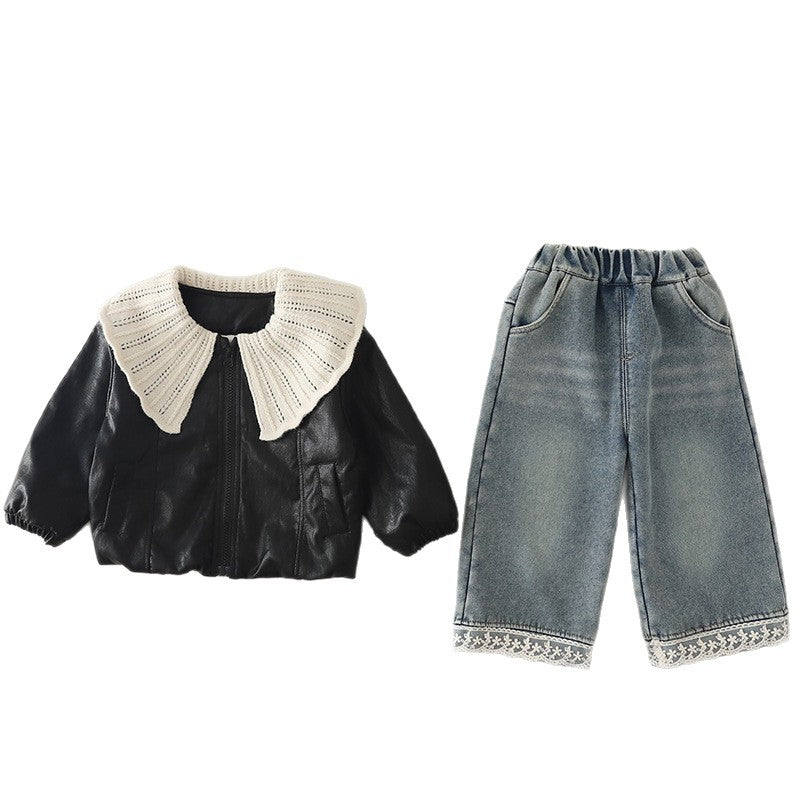 Girl Faux Leather Collar Jacket & Lace Denim Pants 2-Piece Set