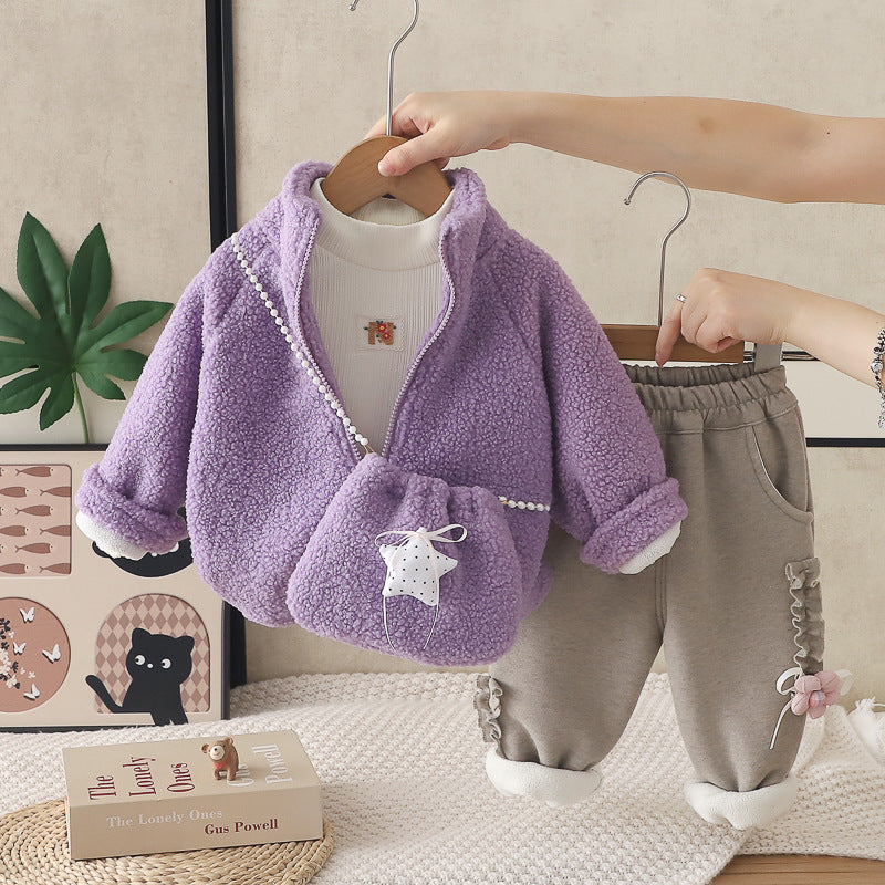 Girl Cozy Plush Cat Jacket & Bag with Fleece Lined Pants Set
