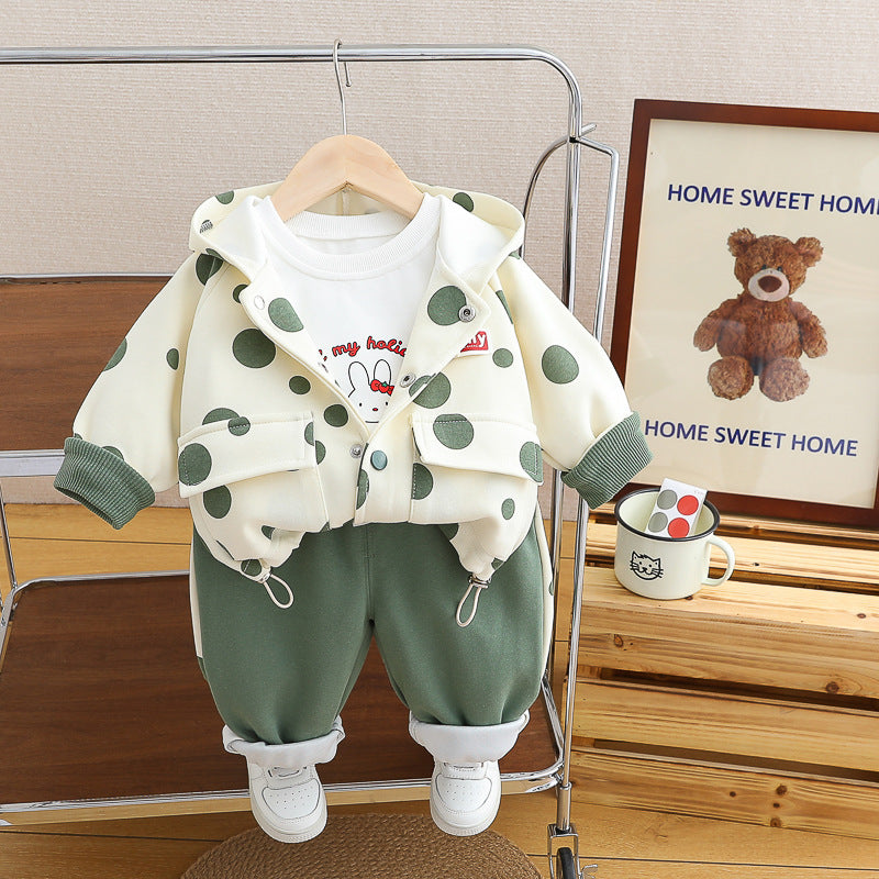 Girl Polka Dot Hooded Jacket, Top and Jogger Pants Set