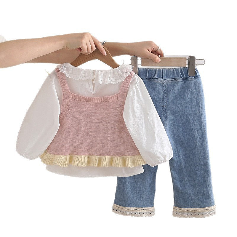 Girl Cute Ruffle Collar Knit Vest, Shirt & Denim Pants Set
