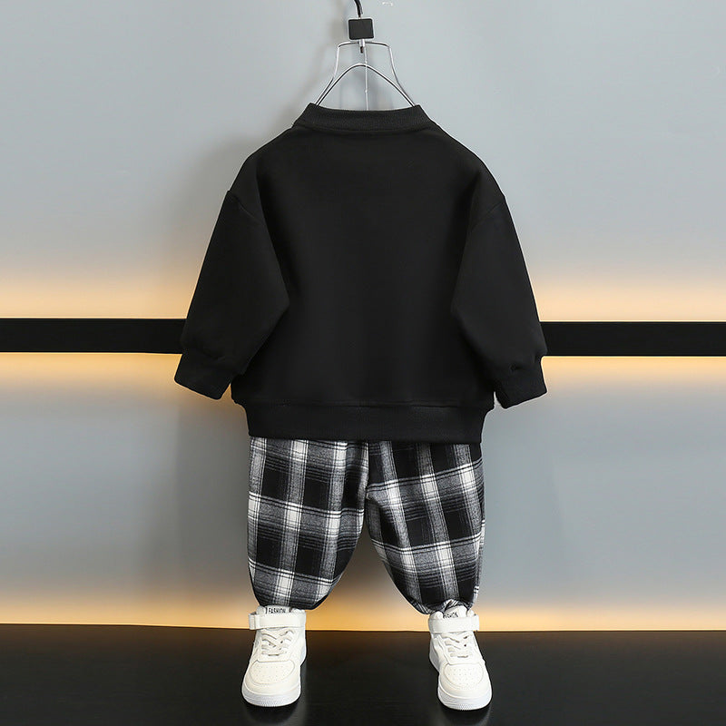Boy Plaid Pants & Button Detail Sweatshirt Set