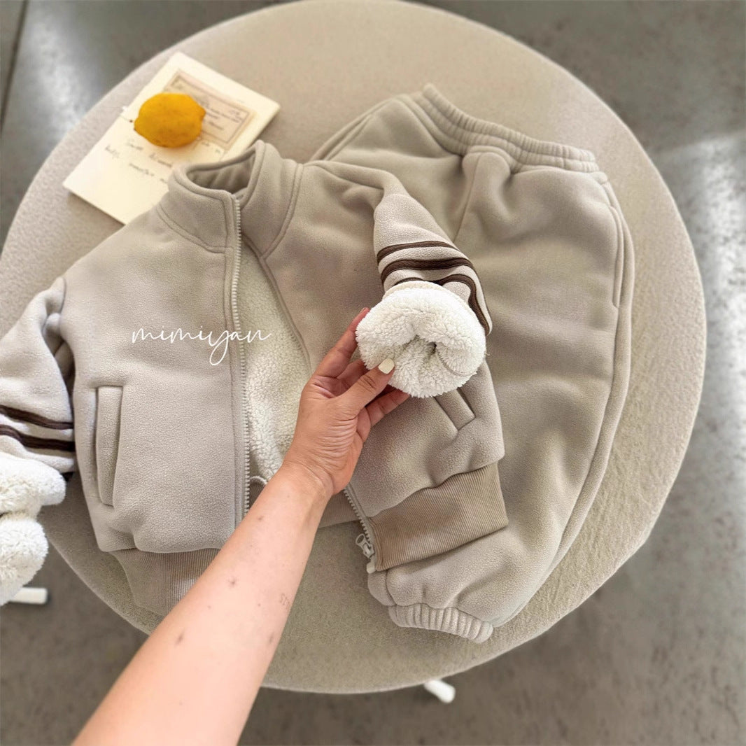 Boy & Girl Striped Sleeve Sherpa Fleece Jacket & Joggers Set