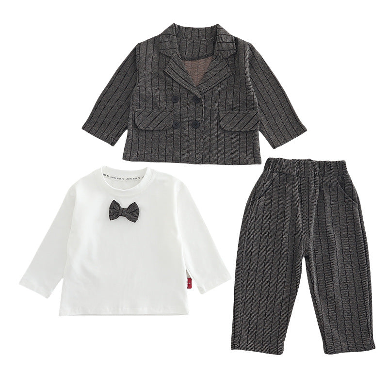 Boy Striped Bow Tie Blazer Jacket and Pants Set