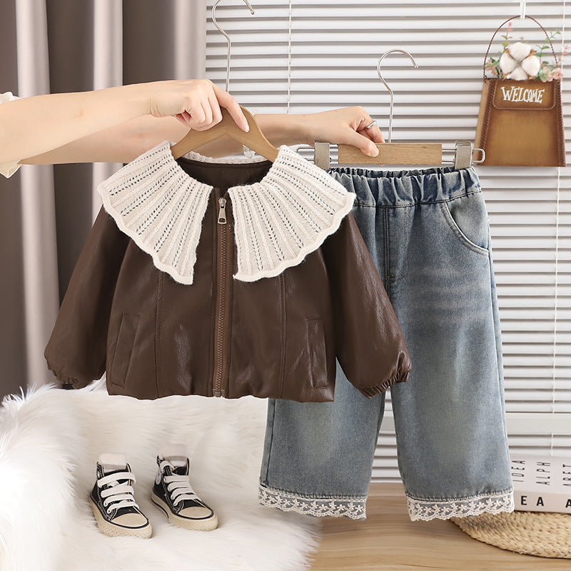 Girl Faux Leather Collar Jacket & Lace Denim Pants 2-Piece Set