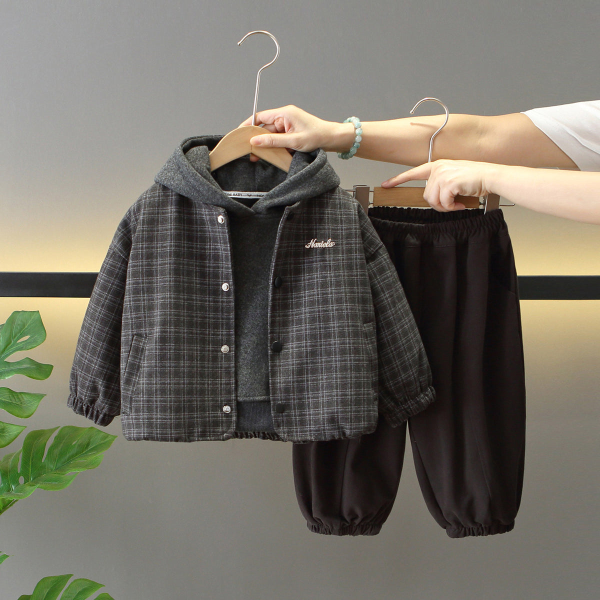 Boy Plaid Hooded Jacket & Elastic Waist Pants Set