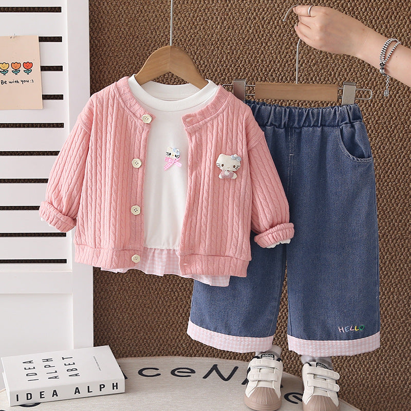 Girls Cable Knit Cardigan Sweater 3-Piece Spring Autumn Set