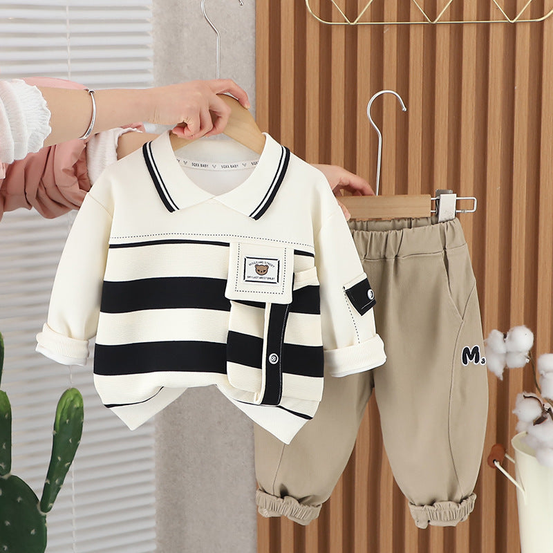 Boy Striped Collar Top & Casual Pants Set