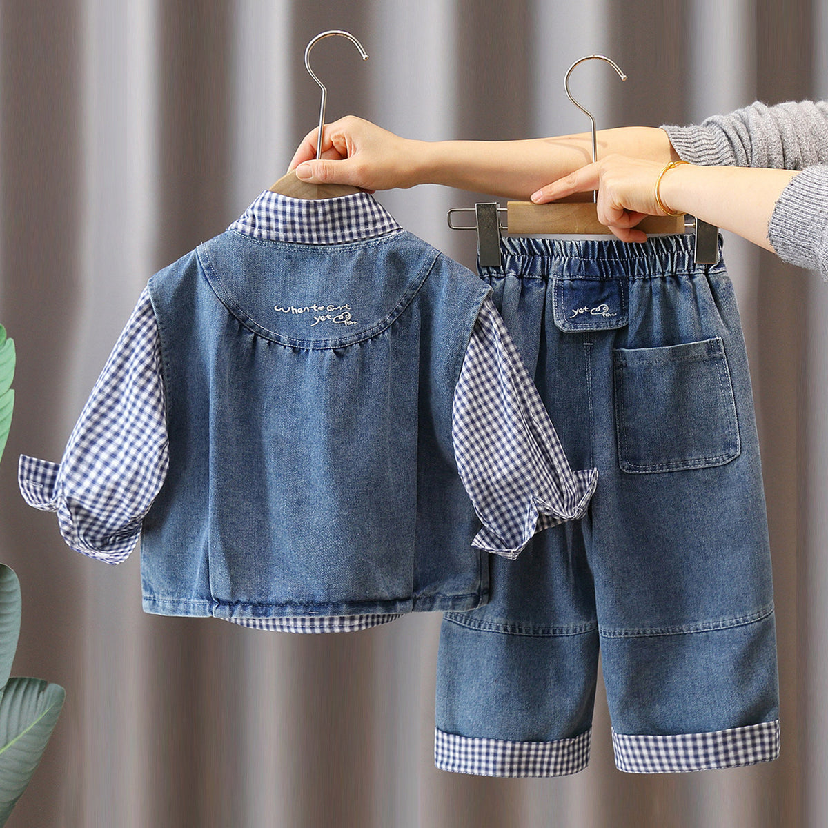 Boy Gingham Shirt, Denim Vest & Shorts Set