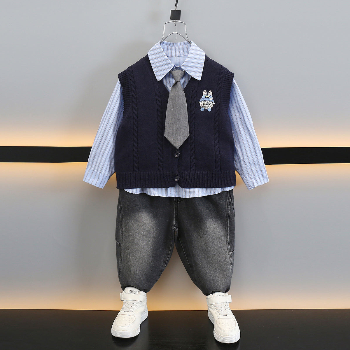 Boys' 3-Piece Knit Vest and Shirt Set - Preppy Style Fall Outfit