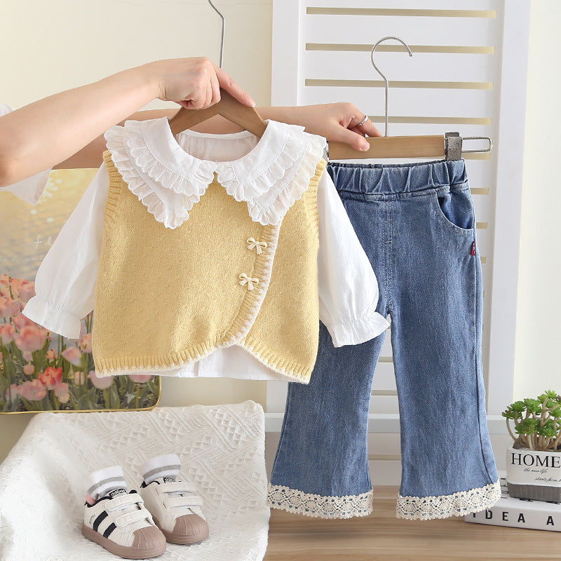 Soft Knit Vest, Blouse & Lace Trim Denim Pants Set