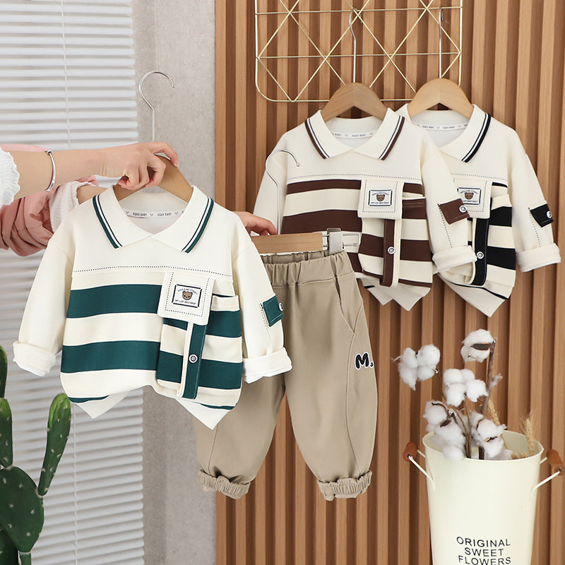 Boy Striped Collar Top & Casual Pants Set