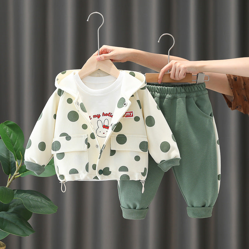 Girl Polka Dot Hooded Jacket, Top and Jogger Pants Set