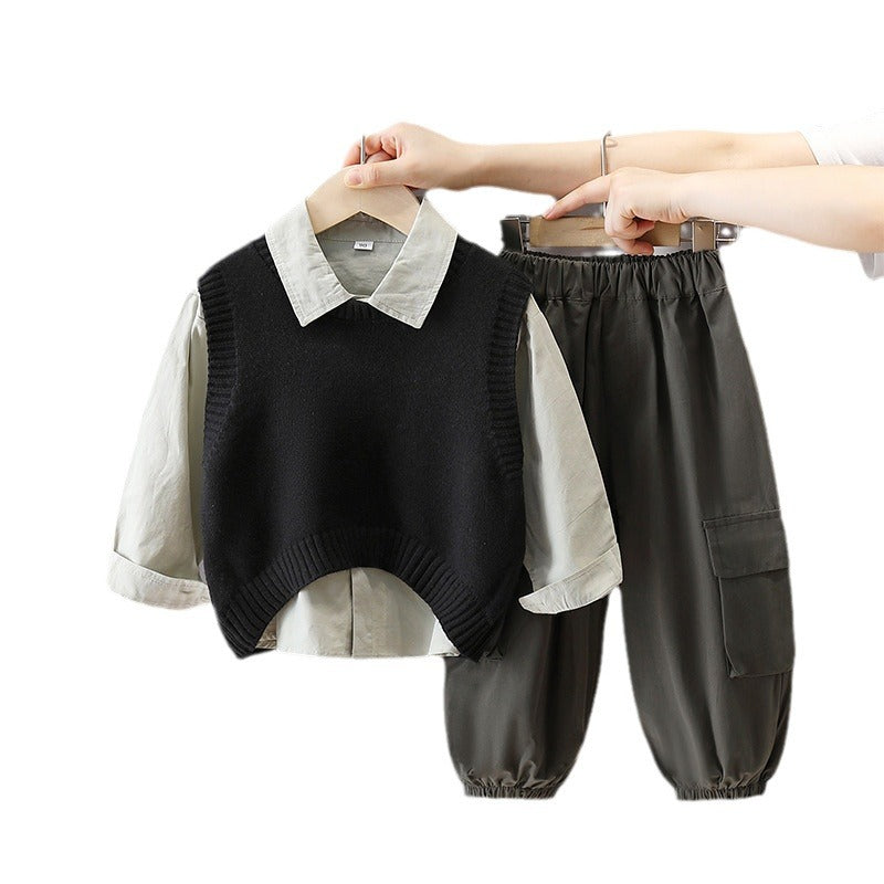 Boy Casual Shirt, Vest & Cargo Pants Set