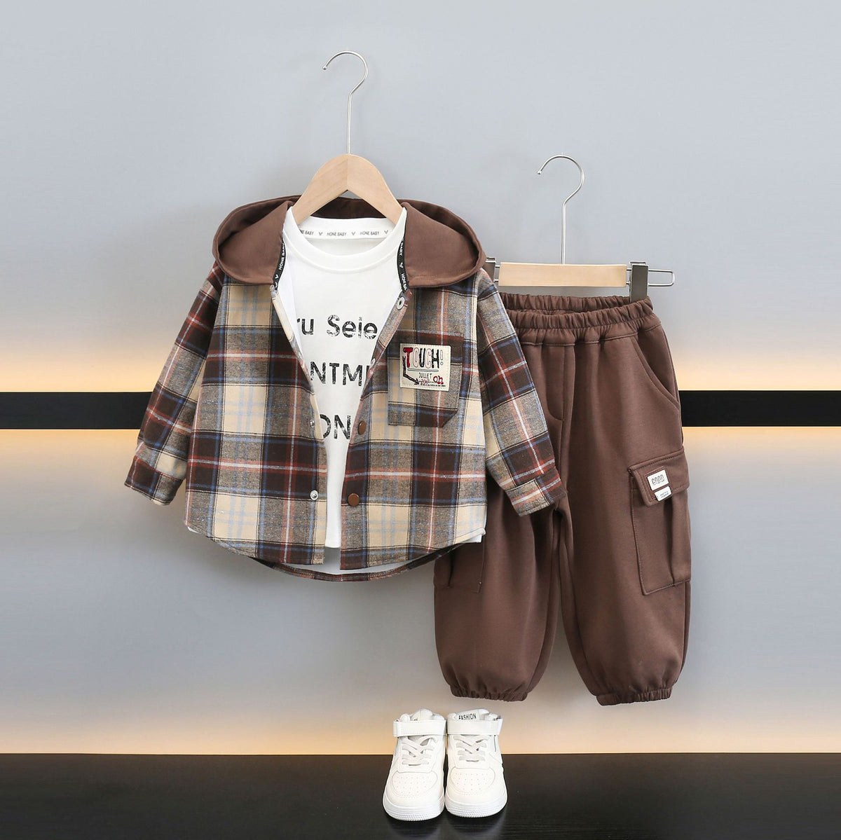 Boy Hooded Plaid Shirt & Jogger Pants Set