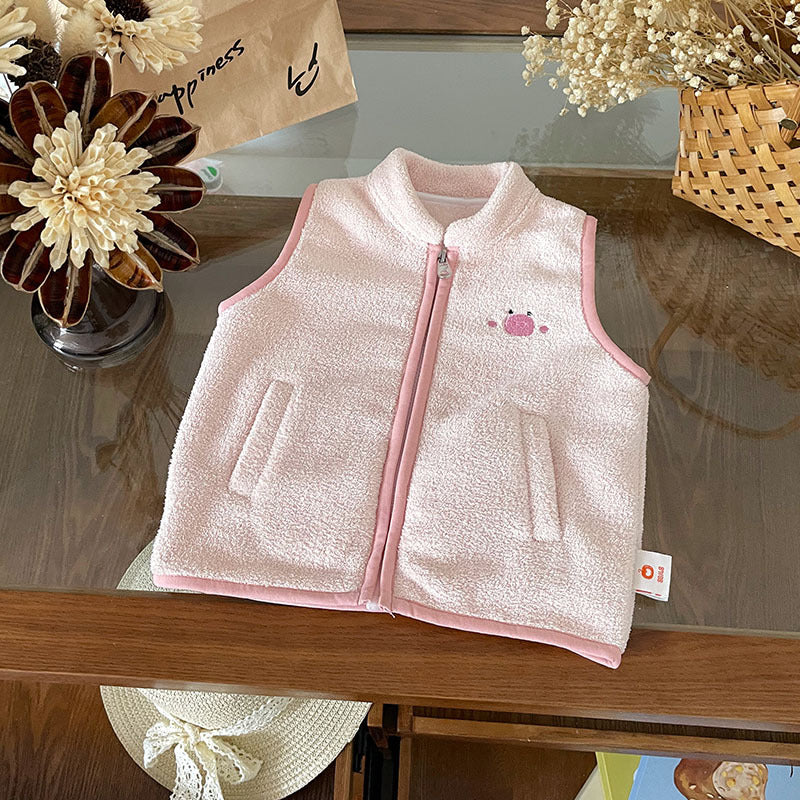 Kids' Cartoon Animal Color Block Zip-Up Fleece Stand Collar Vest for Autumn Winter