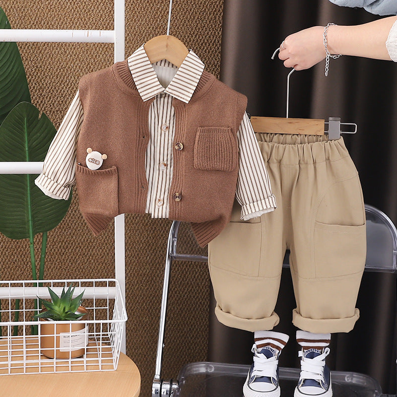 Boy Striped Shirt with Knit Vest and Cargo Pants Set