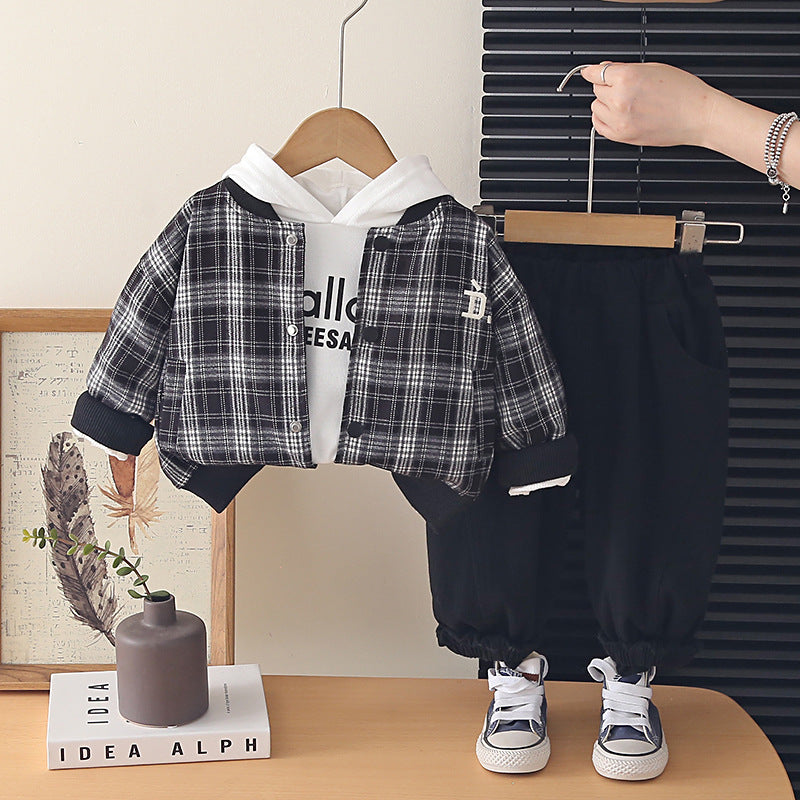 Boy Plaid Jacket, Hoodie & Jogger Pants Set