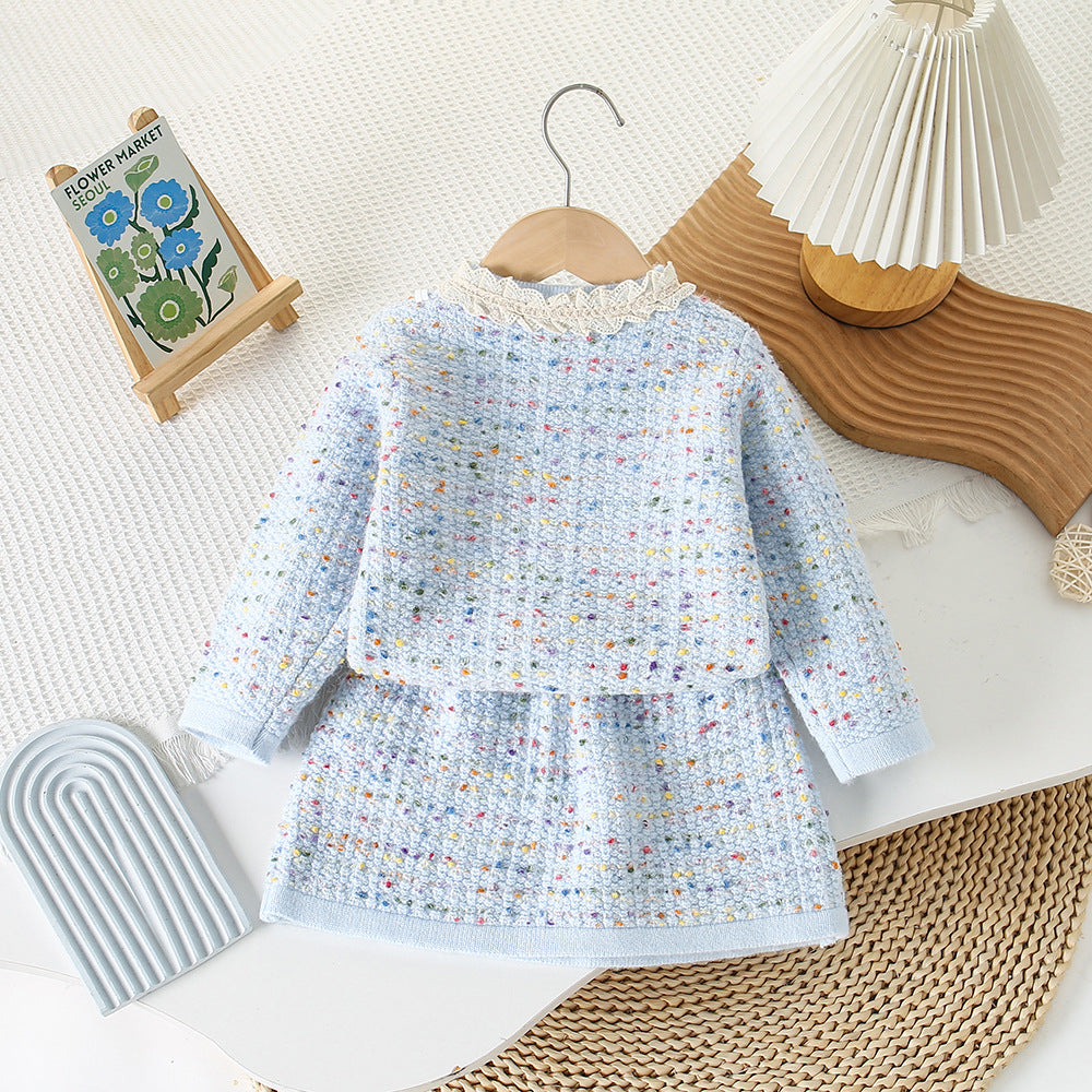 Girl Tweed Cardigan & Skirt 2-Piece Set