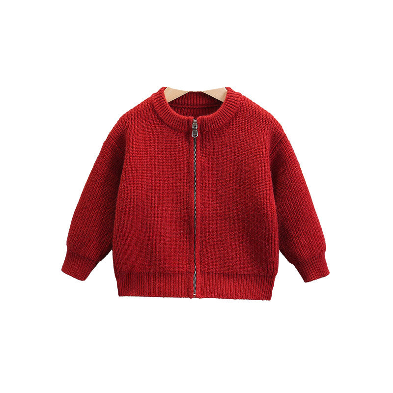 Style Red Lapel Collar Boy's Sweater Cardigan