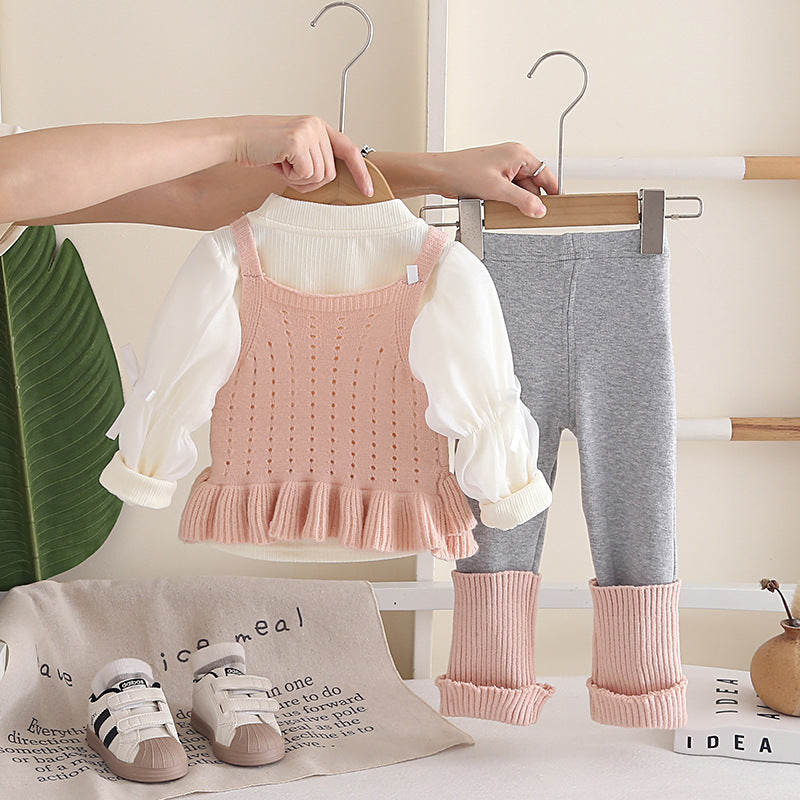 Girls Autumn Spring 3-Piece Set Bow Tie Vest Outfit