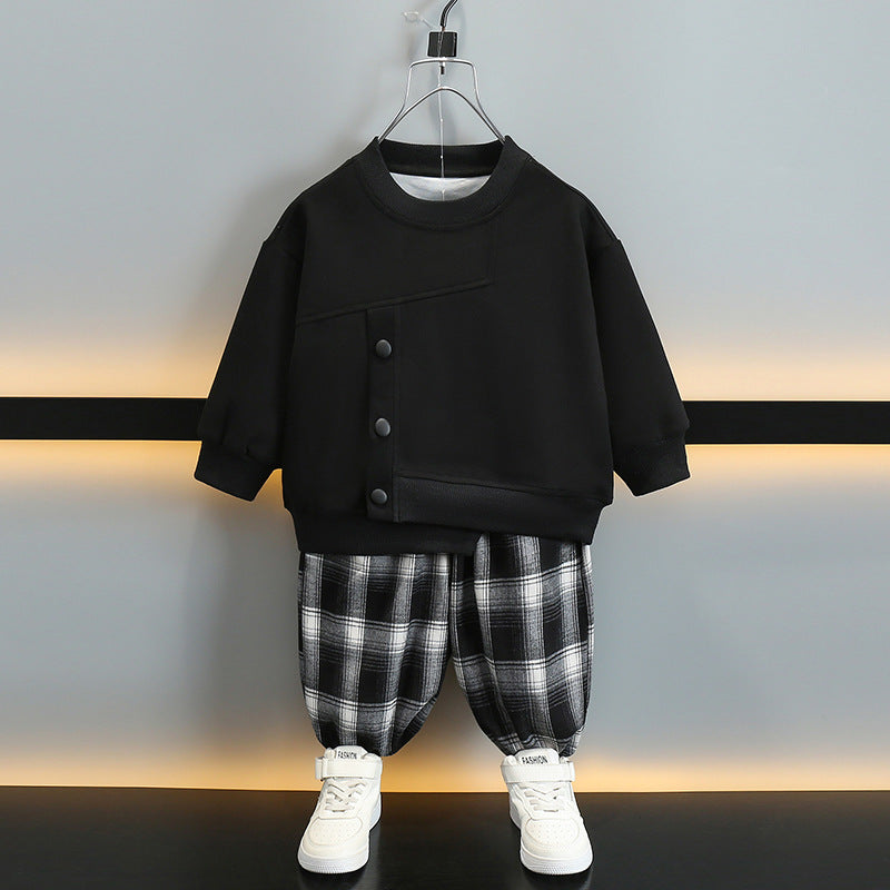 Boy Plaid Pants & Button Detail Sweatshirt Set