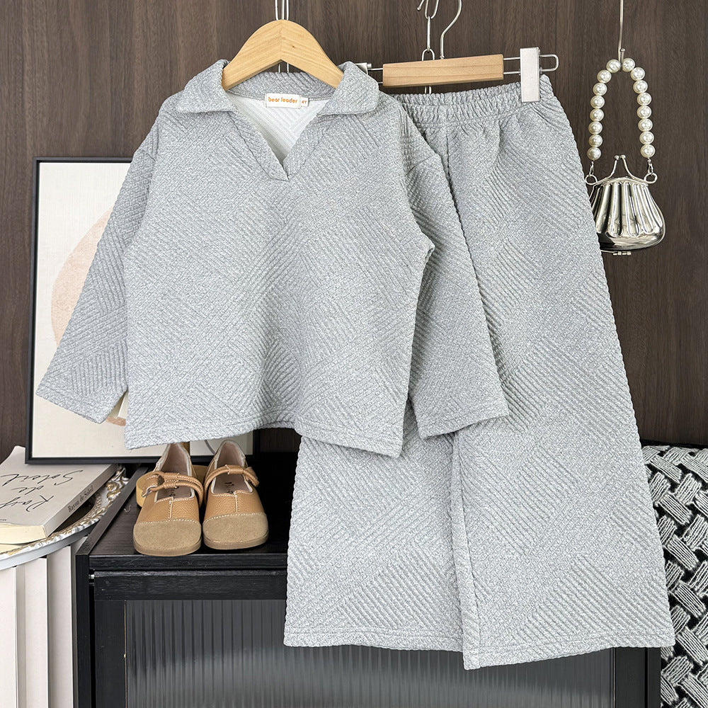 Loose Simple Solid Color Girl New V-Neck Turn-Down Collar Two-Piece Set