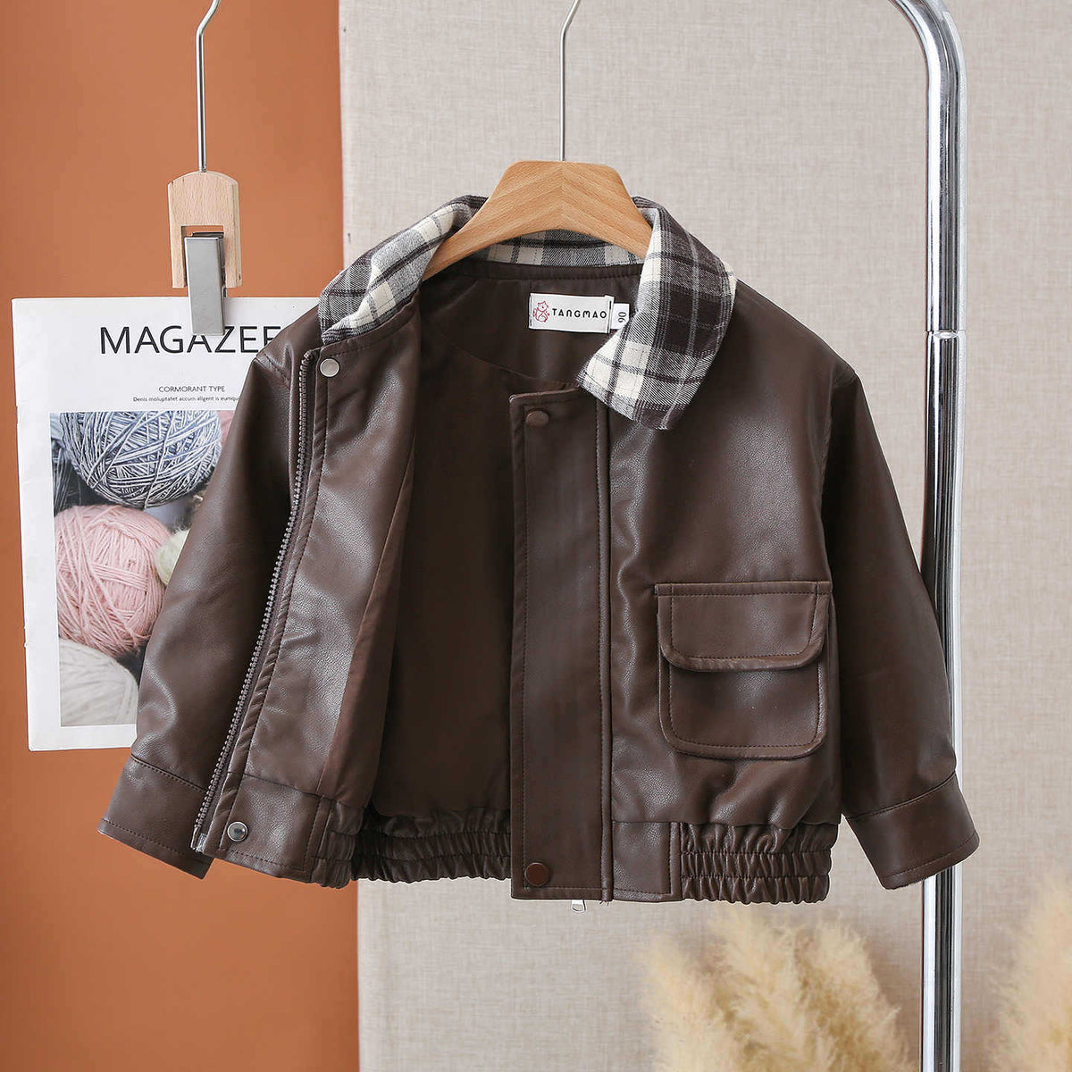 Boy Plaid Collar Faux Leather Jacket