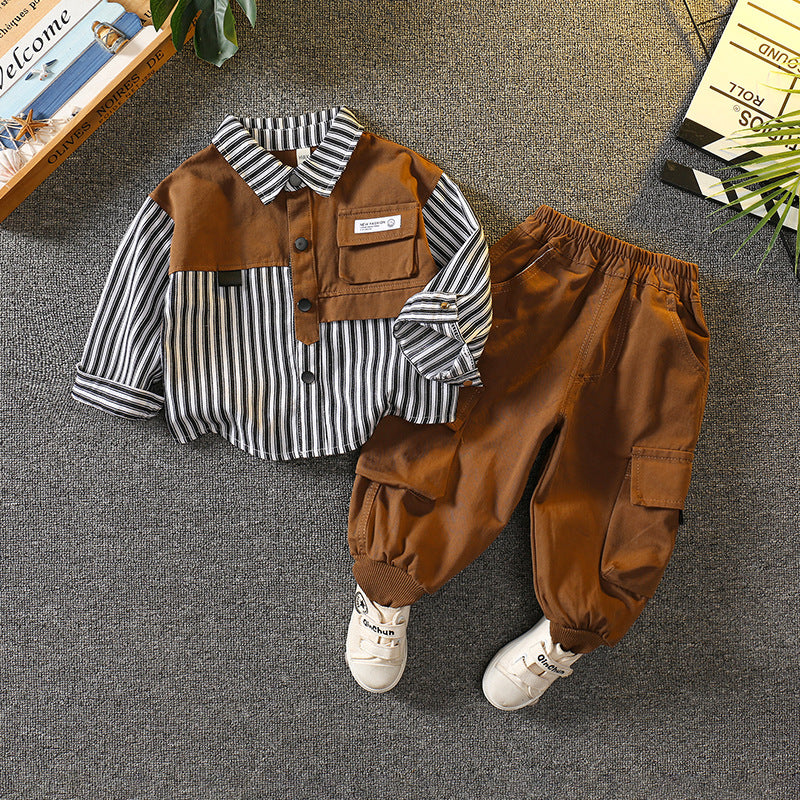 Boy Striped Contrast Pocket Shirt & Cargo Pants Set