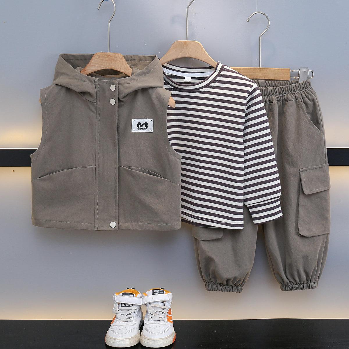 Boy Striped Long Sleeve Top Cargo Pants & Hooded Vest 3-Piece Set