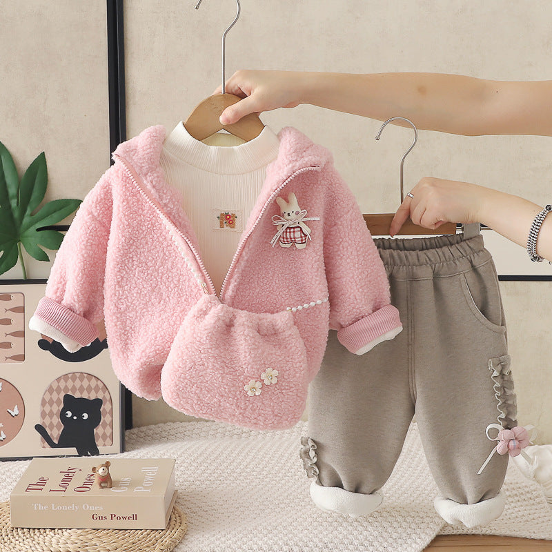 Girl Winter Fleece Hoodie & Ruffle Sweatpants 3-Piece Set