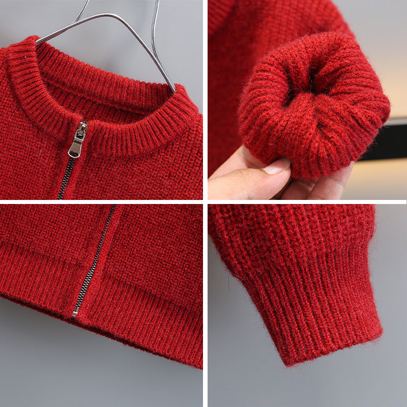Style Red Lapel Collar Boy's Sweater Cardigan