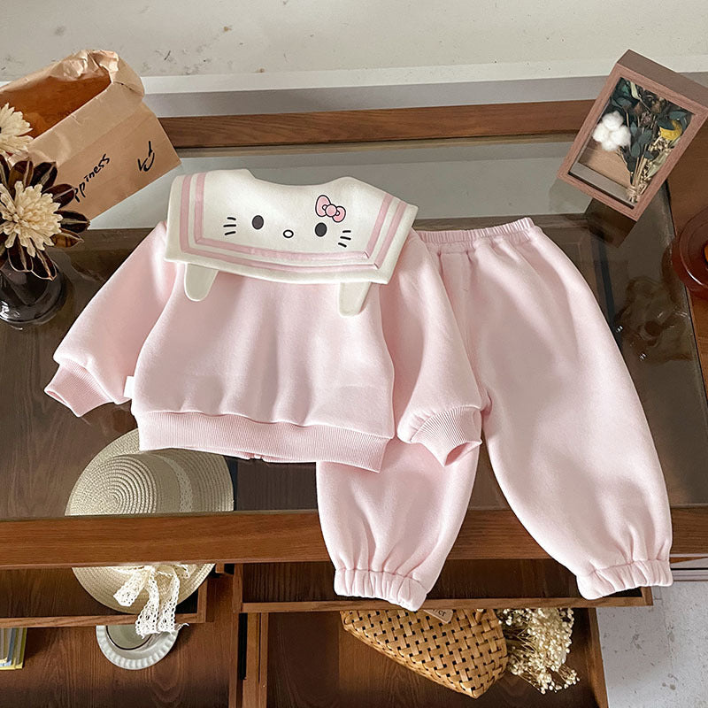 Girls Spring KT Cat Embroidery Lapel Collar Two-Piece Set