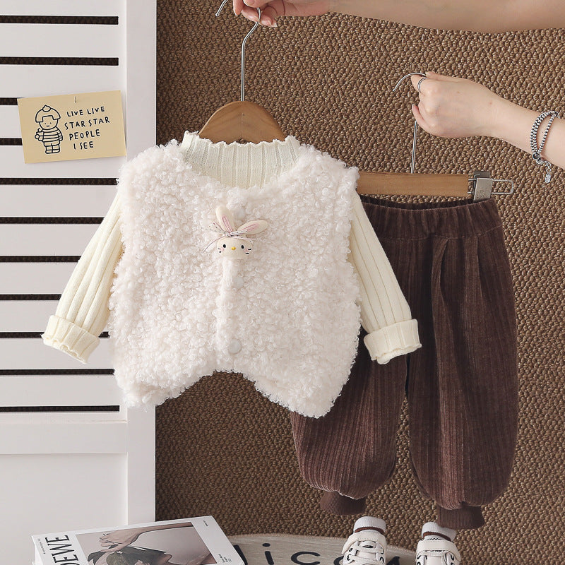 Girl Plush Bunny Vest, Ribbed Sweater & Pants 3-Piece Set