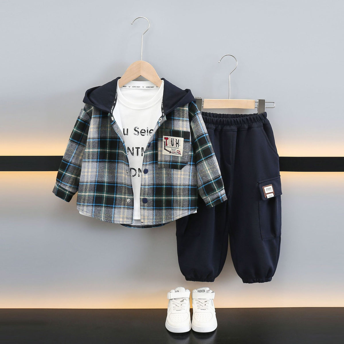 Boy Hooded Plaid Shirt & Jogger Pants Set