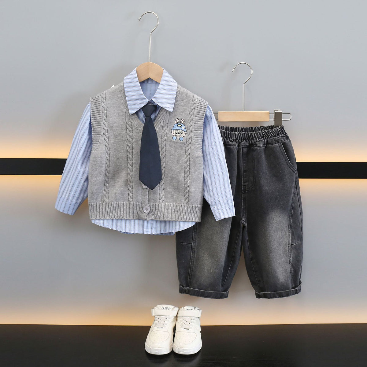 Boys' 3-Piece Knit Vest and Shirt Set - Preppy Style Fall Outfit