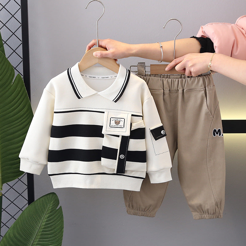 Boy Striped Collar Top & Casual Pants Set