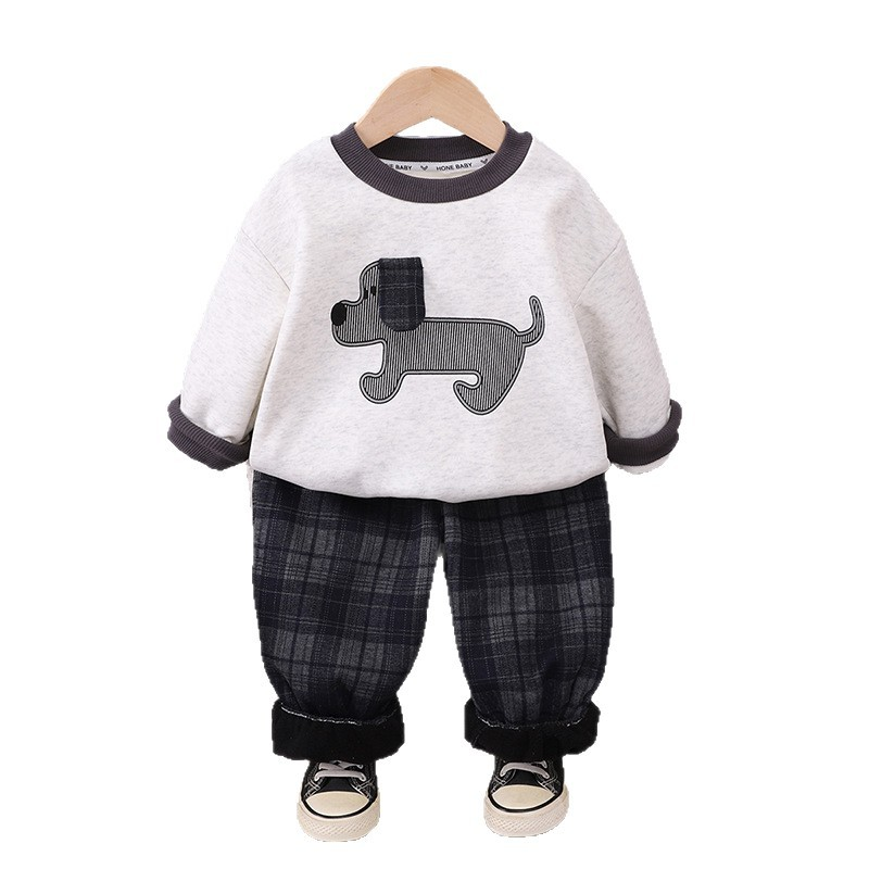Boy Puppy Applique Sweatshirt & Plaid Pants 2-Piece Set